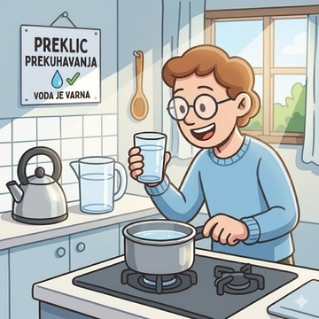 Preklic prekuhavanja vode. Gospa, ki v roki drži kozarec čiste vode.